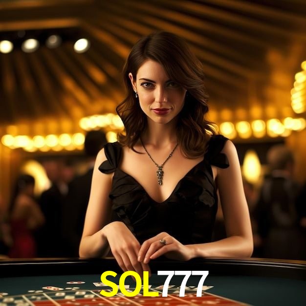 Escena dinámica inspirada en casino con iluminación SOL777, cartas, fichas e íconos de juegos digitales en un espacio moderno de juegos.